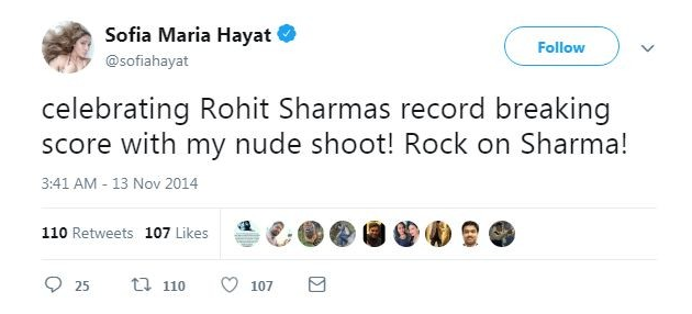 बॉलीवुड एक्ट्रेस सोफिया हयात ने रोहित शर्मा और विराट कोहली को लेकर किया अश्लील खुलासा, देखें सभी ट्वीट