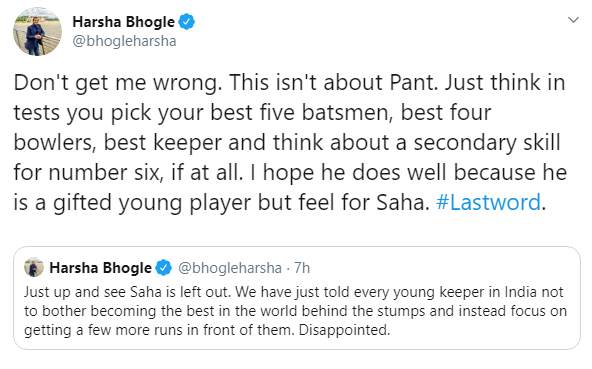 पहले टेस्ट में साहा को न खिलाने पर भारतीय टीम मनेजमेंट पर भड़के हर्षा भोगले, कही यह बात 6 पहले टेस्ट में साहा को न खिलाने पर भारतीय टीम मनेजमेंट पर भड़के हर्षा भोगले, कही यह बात 6