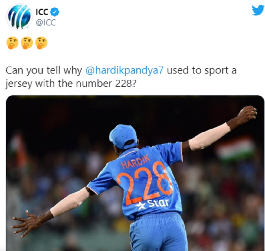 आईसीसी ने पूछा हार्दिक पंड्या क्यों पहनते थे 228 नंबर की जर्सी, खुला वर्षो पुराना राज 3
