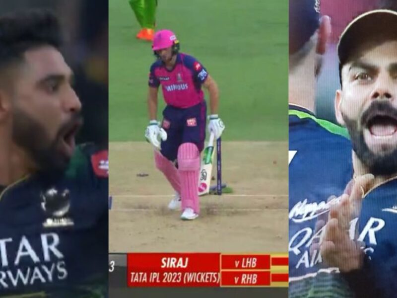 rcb-vs-rr-mohammed-siraj-gets-wicket-of-jos-buttler-in-first-over-after-virat-kohli-celebration-video-went-viral