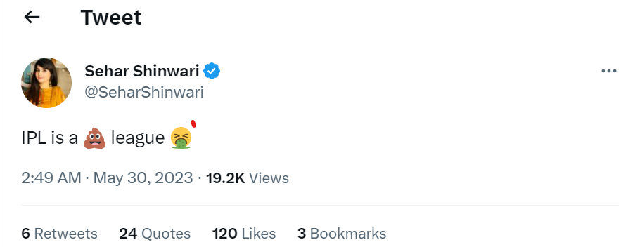 'दो कौड़ी की औकात नहीं...' पाक अभिनेत्री सेहर शिनवारी ने IPL की कर दी घनघोर बेइज्जती, अब भारतीय फैंस ने दिया मुंहतोड़ जवाब 2