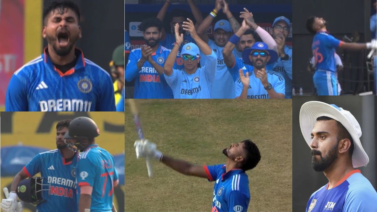 Shreyas Iyer celebrates scoring a century against Australia