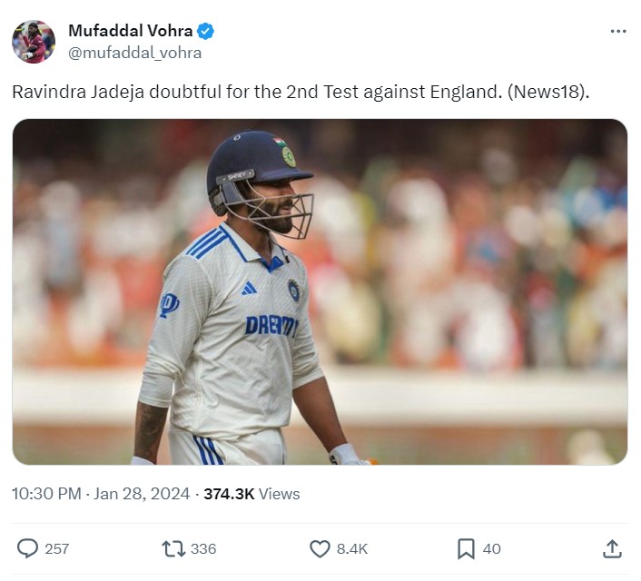 Ravindra Jadeja out of second test against England