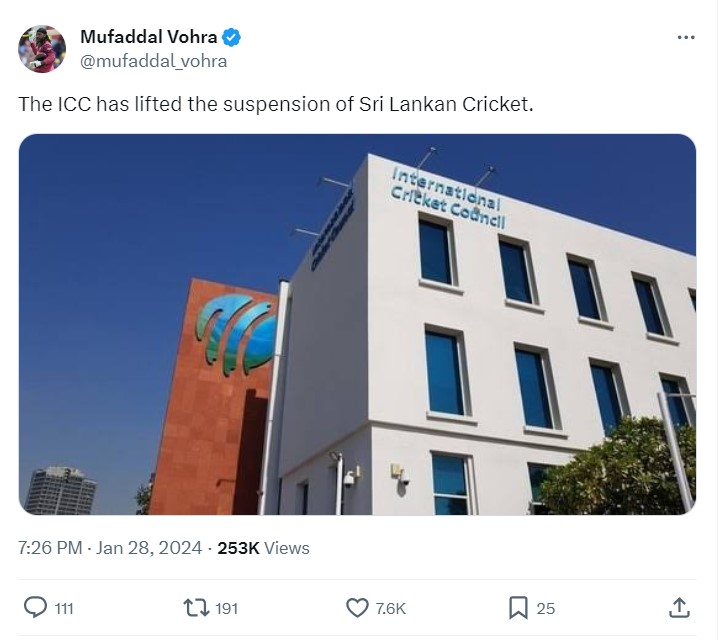 ICC lifts suspension from Sri Lanka Cricket Board