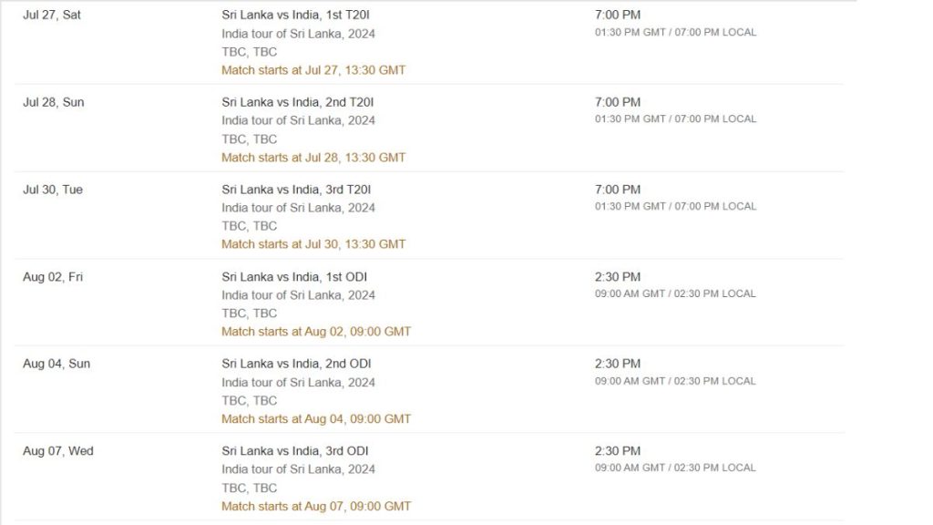 भारतीय क्रिकेट टीम का श्रीलंका दौरे का कार्यक्रम। Snapshot Credit: Cricbuzz