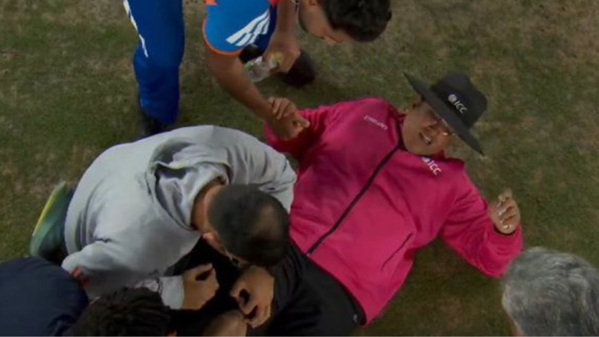 The ball hit Rohan Pandit on the knee.