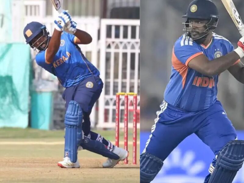 6,6,6,4,4,4,4,4..... Sanju Samson's storm in the Vijay Hazare Trophy, smashes an explosive century with 9 fours and 3 sixes.